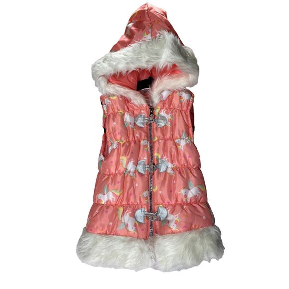 LITTLE LASS PINK Unicorn Puffer Vest Hood Faux Fur Toggles Zip Up Girls 5T - Picture 1 of 6
